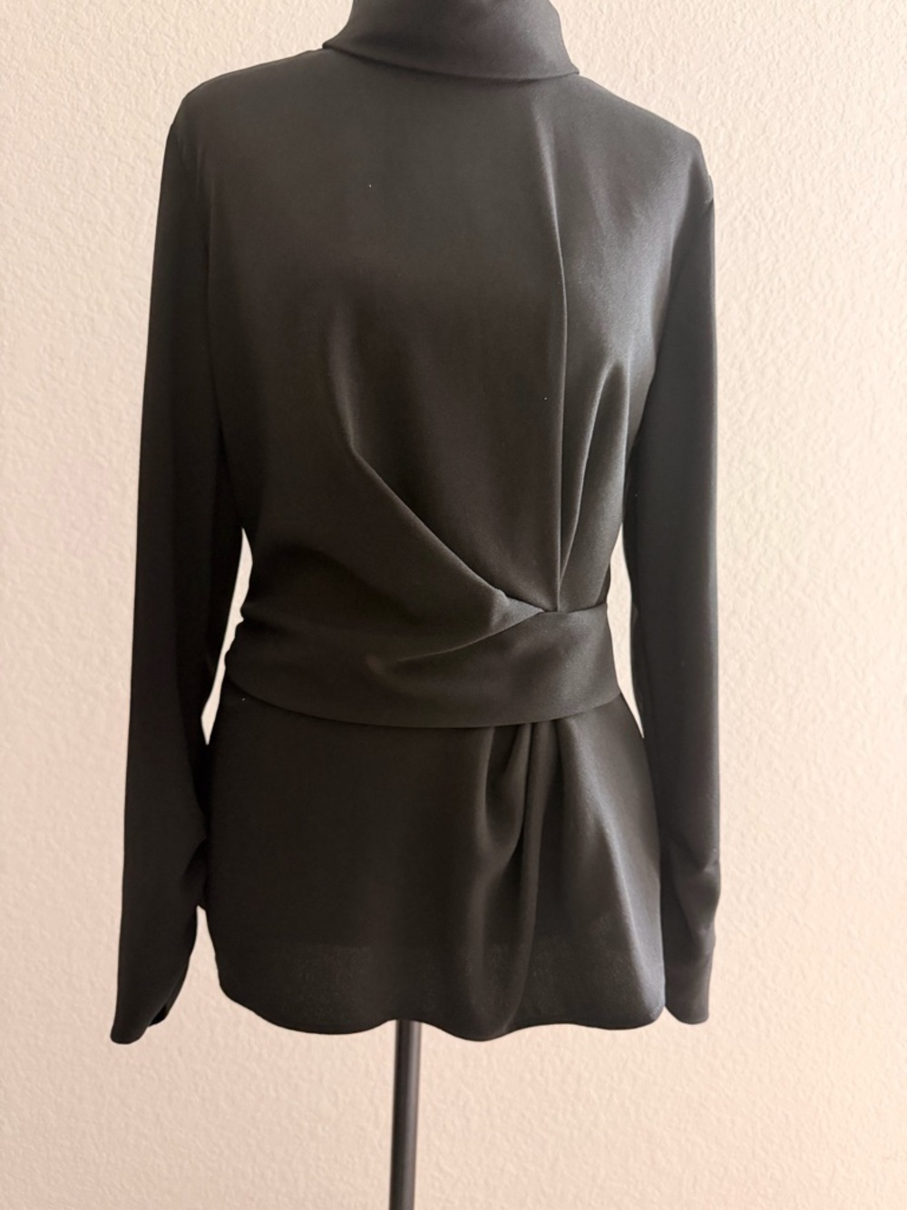ZARA Draped Peplum Blouse | Long Sleeve Twist Waist Turtleneck w/ Ruched Cuffs